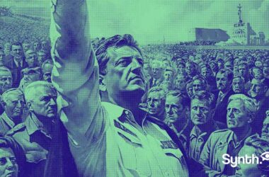Poster de campagne de Sergio Massa généré par IA. Prompt: "Sovietic Political propaganda poster illustration by Gustav Klutsis featuring a leader, masssa, standing firmly" Src: New York Times