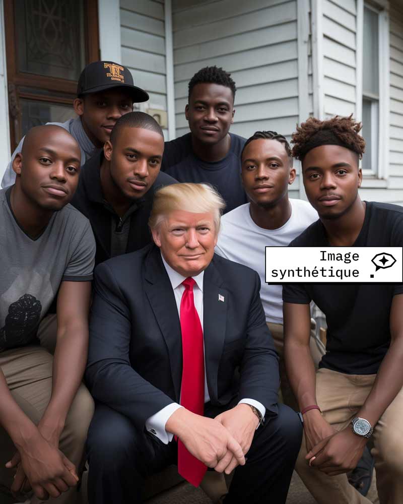 Une image synthétique de Donald Trump entouré de jeunes noirs américains.