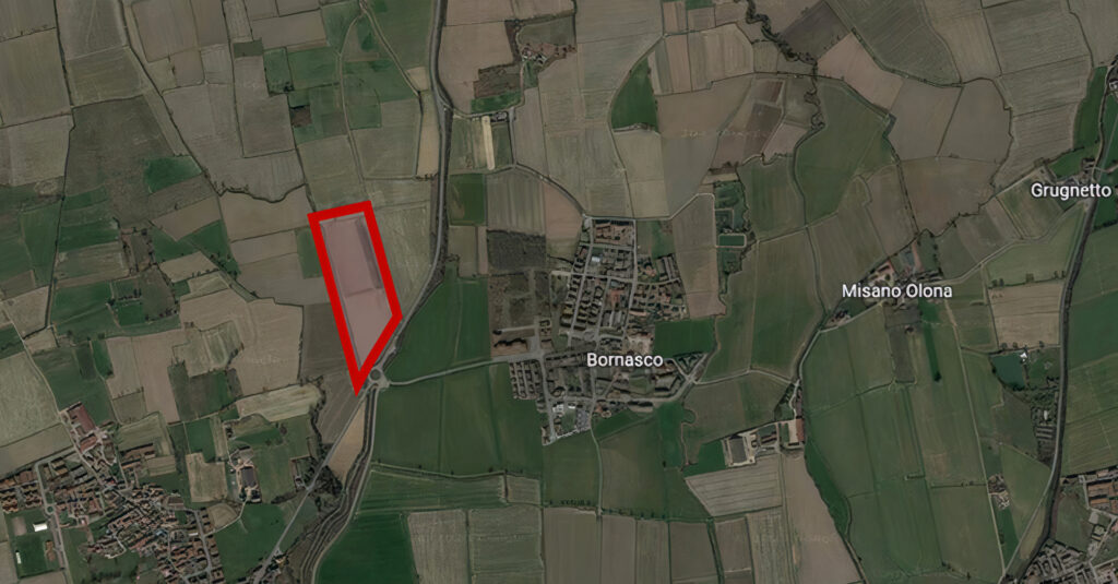 Zone prévue pour la construction du centre de données de Bornasco. Province de Pavie – Lombardie, Italie.